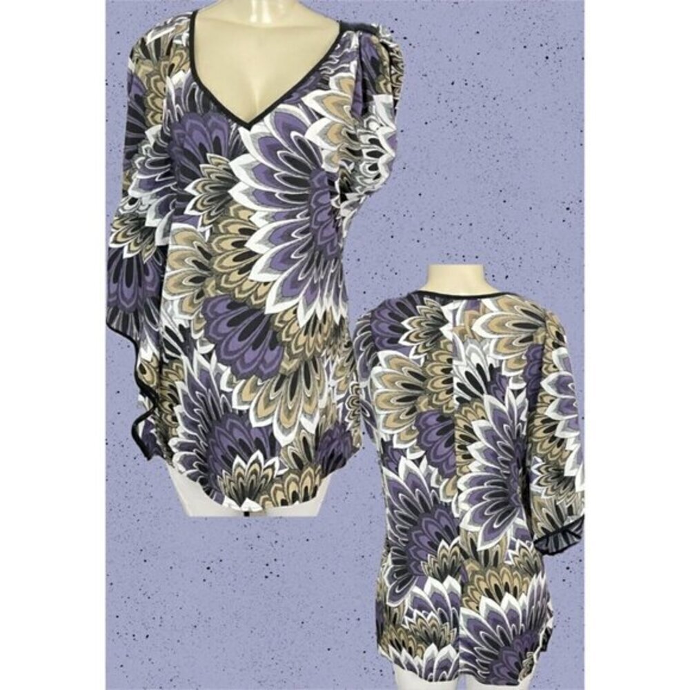 Bisou Bisou L Purple Floral Print V-Neckline One Shoulder Magyar Sleeve Blouse